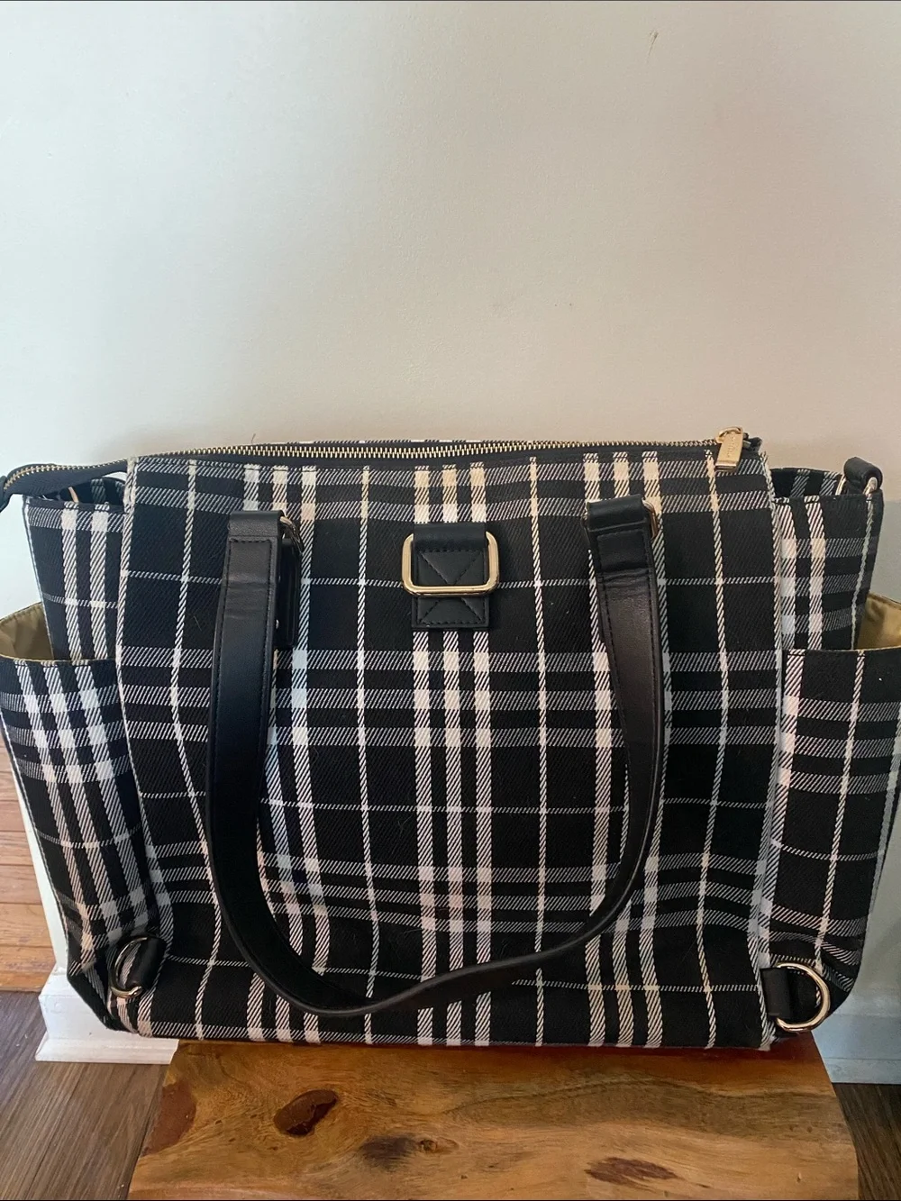 White Elm Gemini convertible backpack tote black and white tartan plaid. Travel